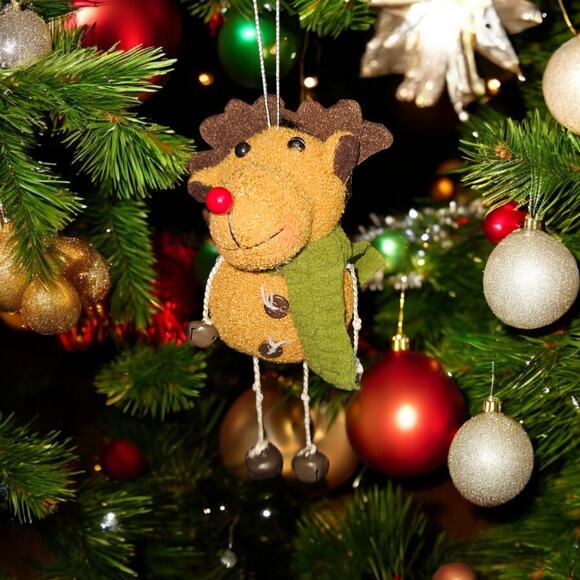 Cute Plush Reindeer Christmas Tree Ornament with Green Scarf Bells Holiday Decor - Picture 1 of 3